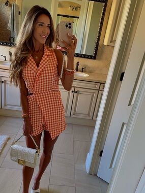 Orange Gingham Sleeveless Wrap Romper